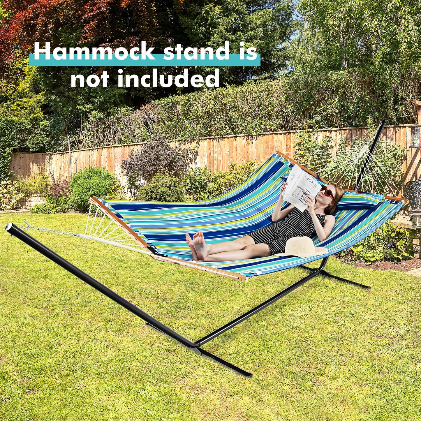 Patio Hammock Foldable Portable Swing Chair Bed with Detachable Pillow, Blue & Green - Gallery Canada
