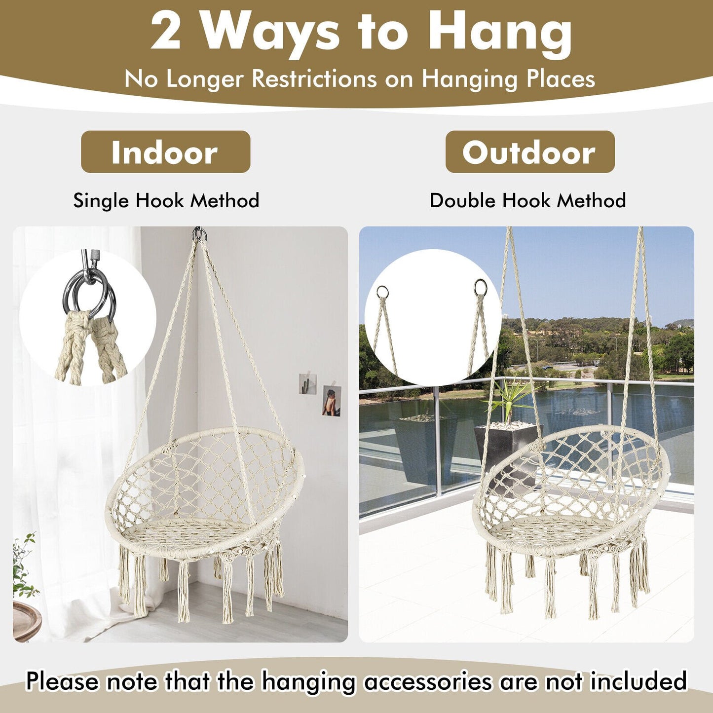 Hammock Chair LED Lights Hanging Swing Indoor Outdoor, Beige - Gallery Canada