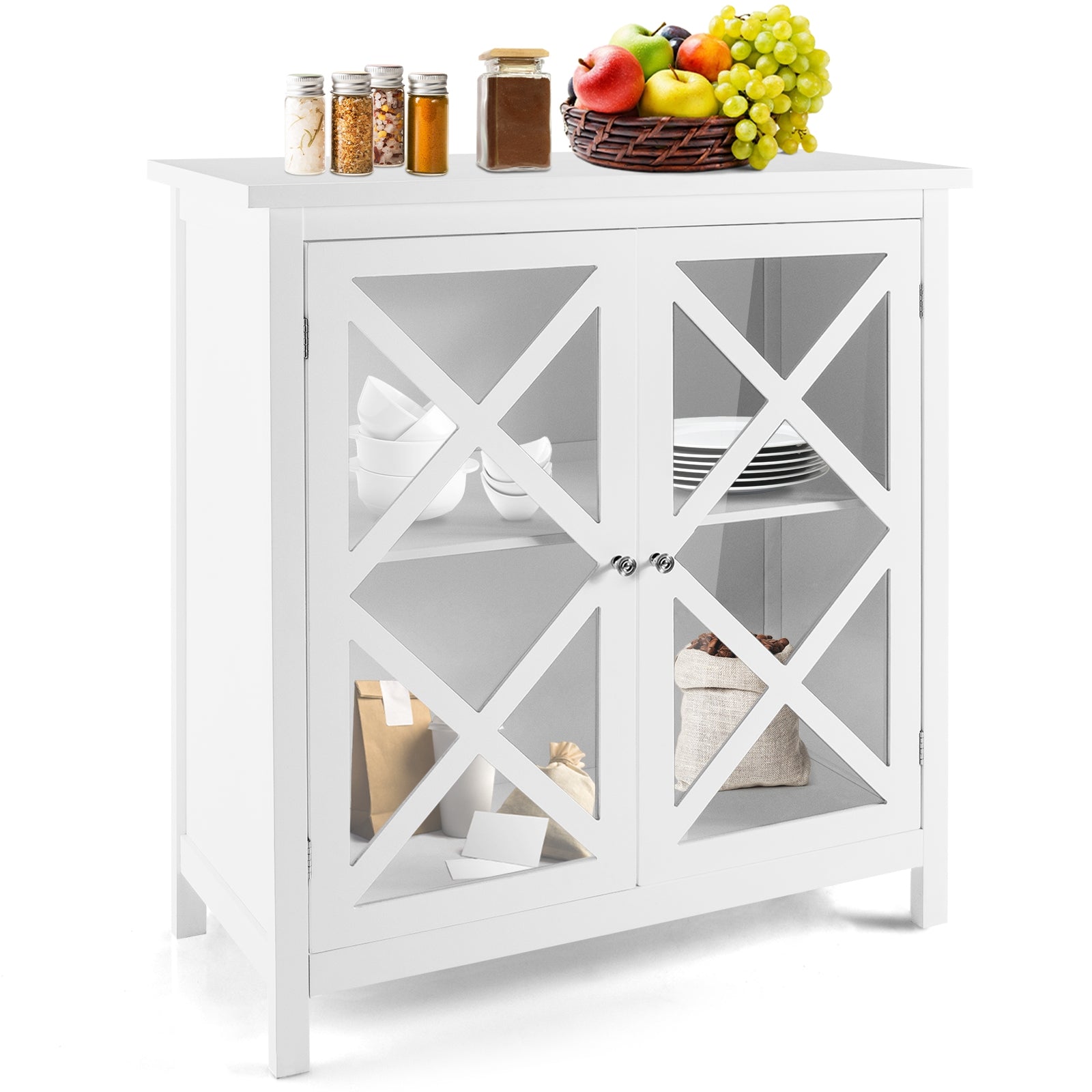Freestanding Kitchen Buffet Cabinet with Glass Doors and Adjustable Shelf, White Sideboards Cabinets & Buffets at Gallery Canada