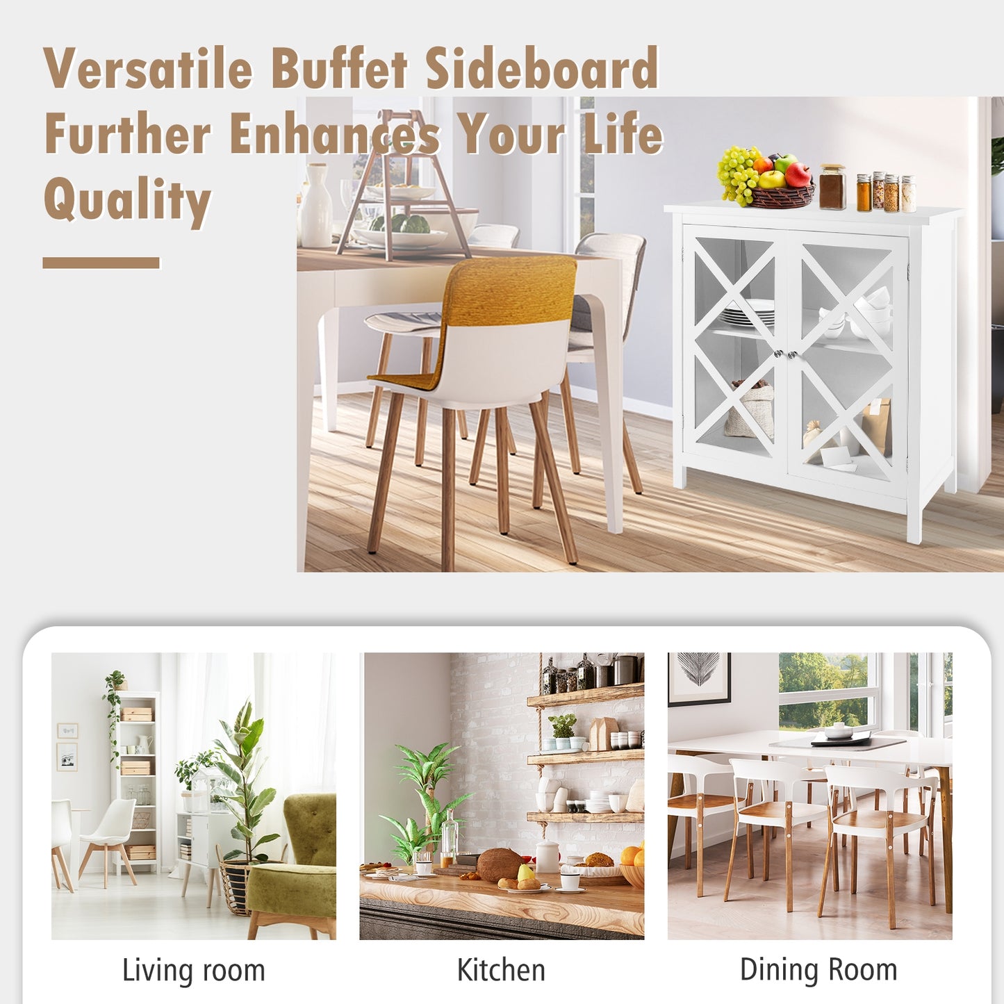 Freestanding Kitchen Buffet Cabinet with Glass Doors and Adjustable Shelf, White Sideboards Cabinets & Buffets at Gallery Canada