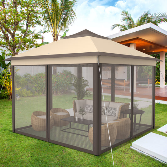 2-Tier 11 x 11 Feet Pop-Up Gazebo Tent, Portable Canopy Shelter, Brown Gazebos Brown at Gallery Canada
