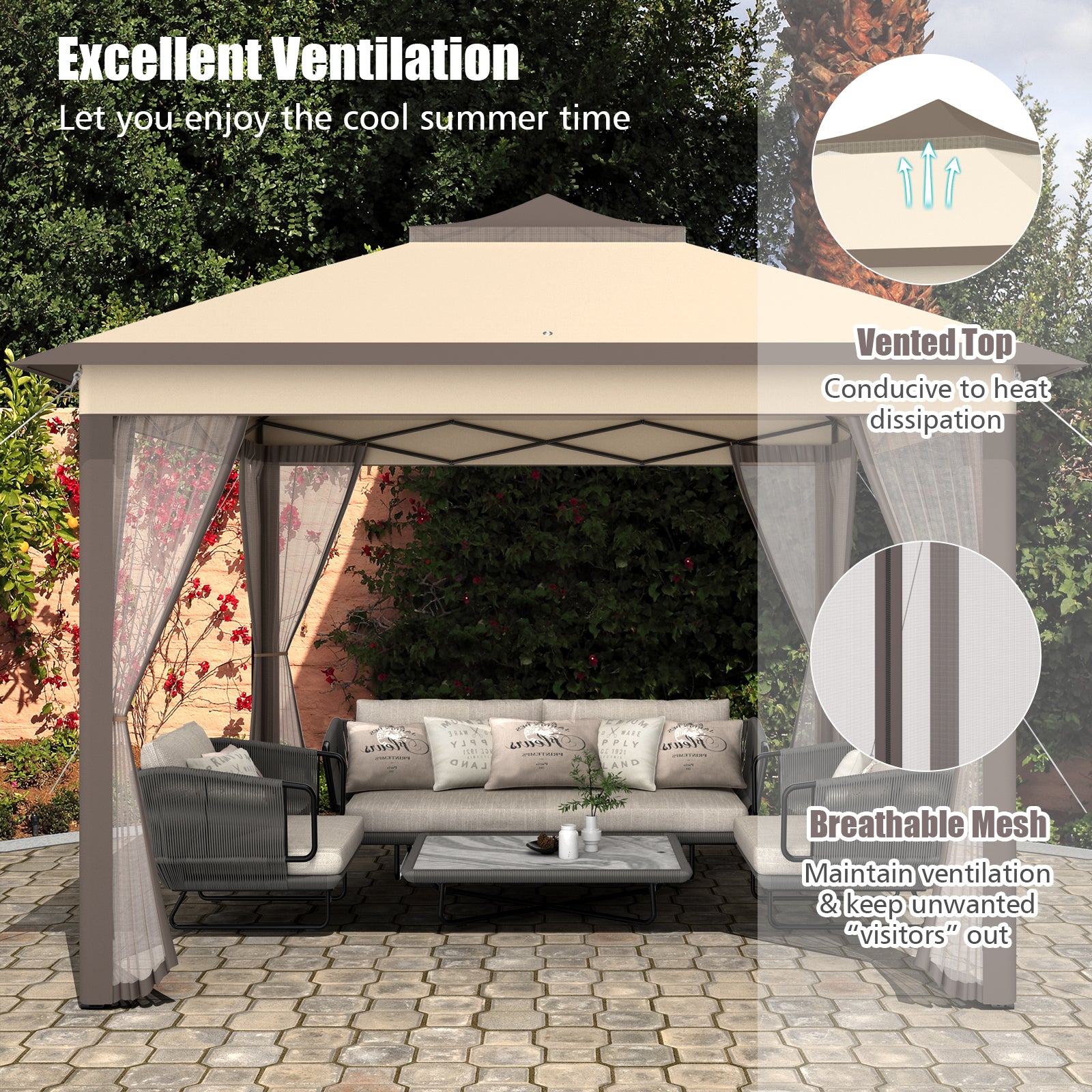 2-Tier 11 x 11 Feet Pop-Up Gazebo Tent, Portable Canopy Shelter, Brown Gazebos at Gallery Canada
