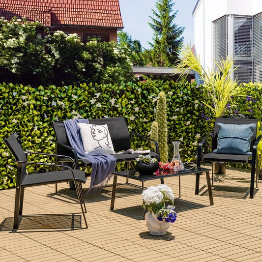 4 Piece Patio Furniture Set, Armrest Loveseat Sofas, Glass Table, Black Patio Conversation Sets Black at Gallery Canada