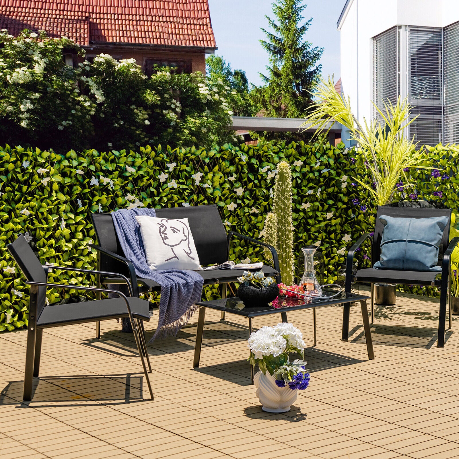 4 Piece Patio Furniture Set, Armrest Loveseat Sofas, Glass Table, Black Patio Conversation Sets at Gallery Canada