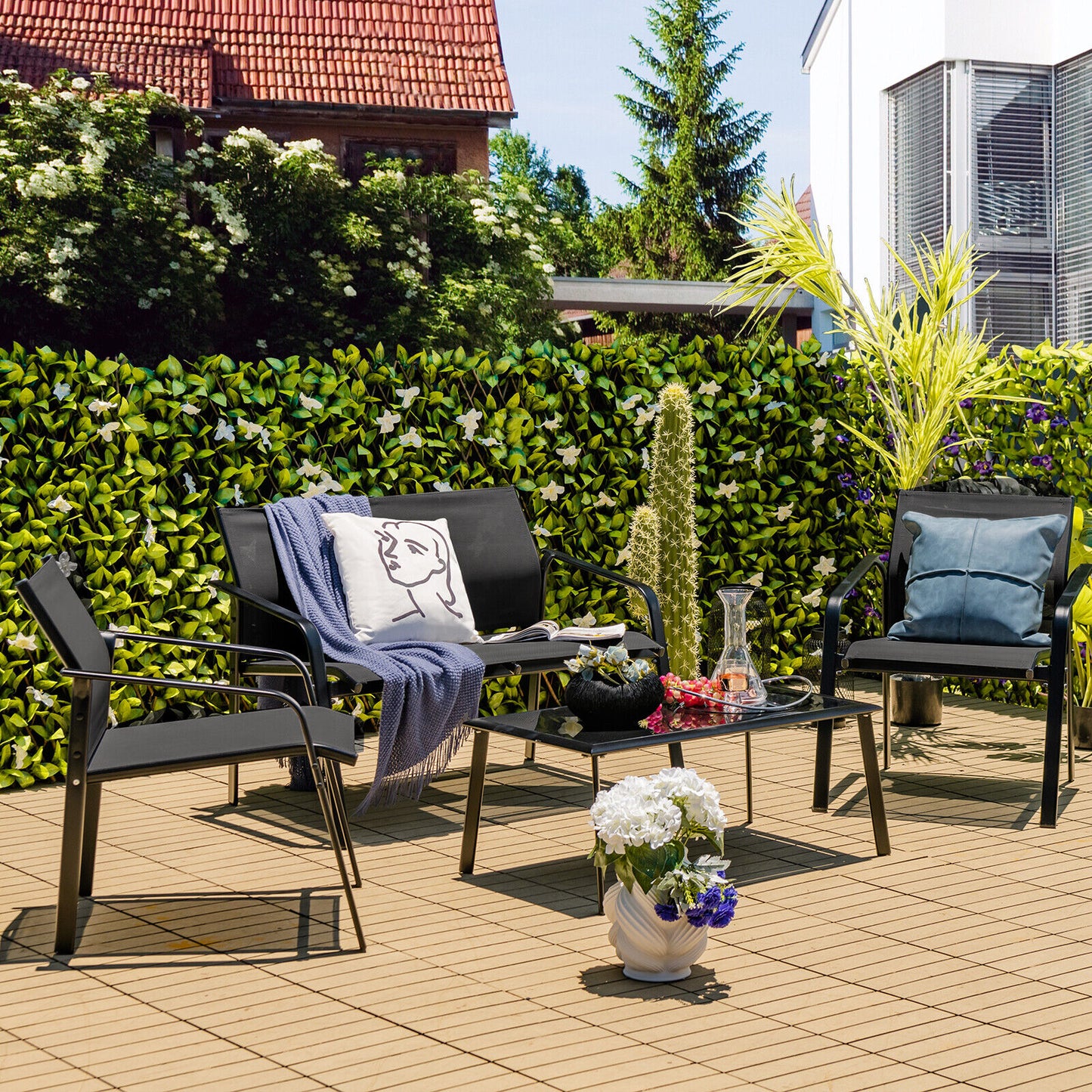 4 Piece Patio Furniture Set, Armrest Loveseat Sofas, Glass Table, Black Patio Conversation Sets at Gallery Canada