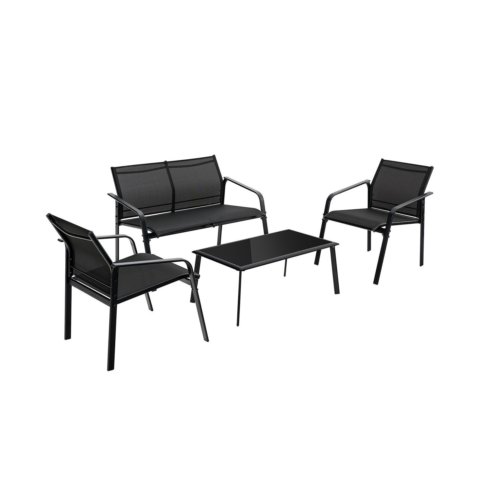 4 Piece Patio Furniture Set, Armrest Loveseat Sofas, Glass Table, Black Patio Conversation Sets Black at Gallery Canada
