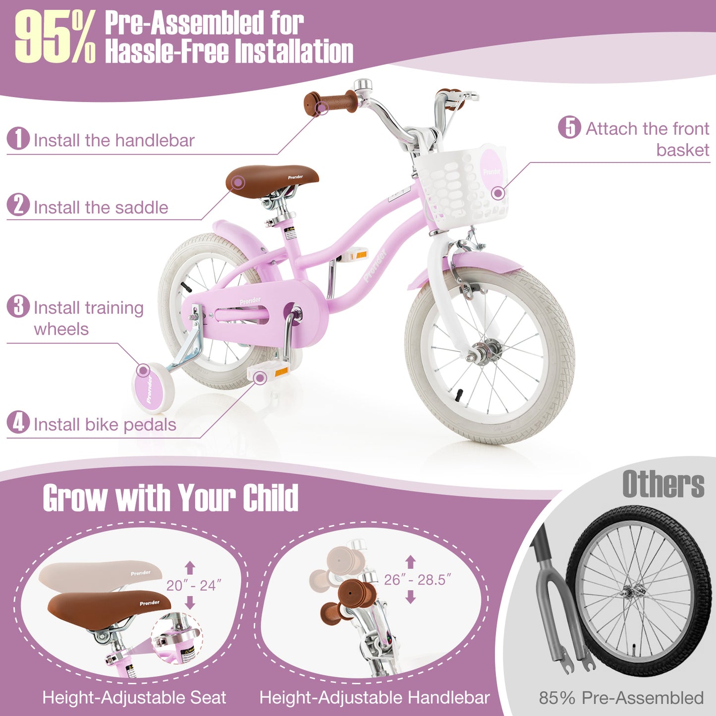 14 Inch Kid's Bike with Removable Training Wheels and Basket, Purple Kids Bike at Gallery Canada