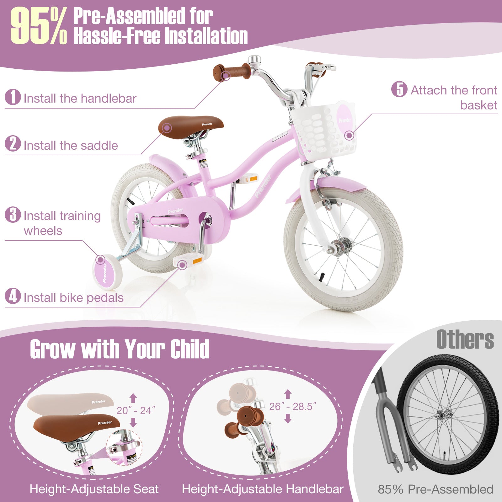 14 Inch Kid's Bike with Removable Training Wheels and Basket, Purple Kids Bike at Gallery Canada