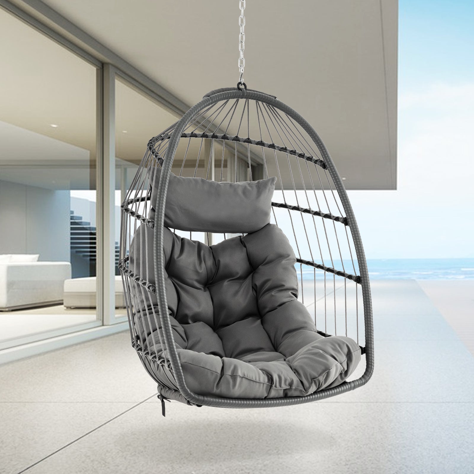 Hanging Egg Chair with Head Pillow and Large Seat Cushion, Gray Porch Swings at Gallery Canada