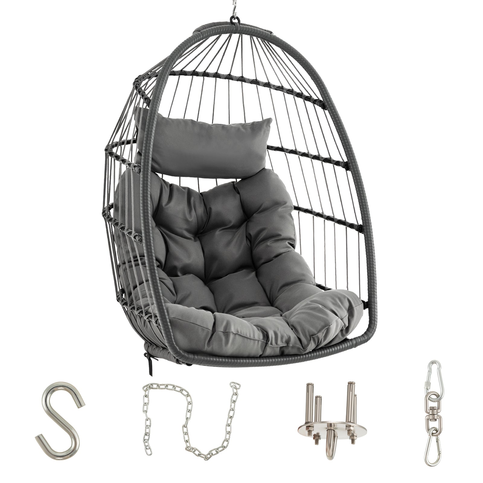 Hanging Egg Chair with Head Pillow and Large Seat Cushion, Gray Porch Swings at Gallery Canada
