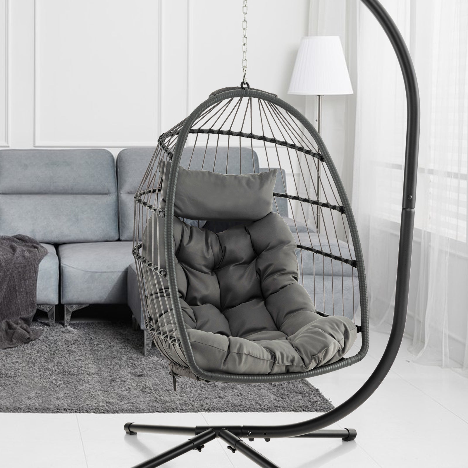 Hanging Egg Chair with Head Pillow and Large Seat Cushion, Gray Porch Swings at Gallery Canada