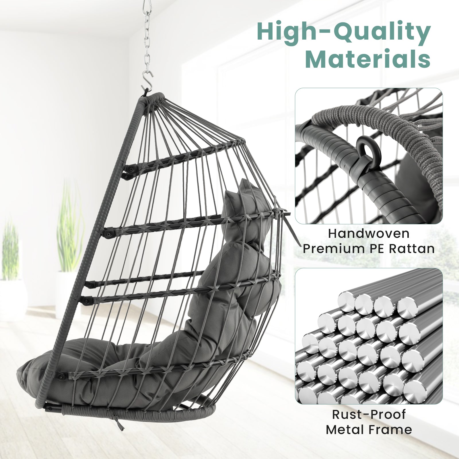 Hanging Egg Chair with Head Pillow and Large Seat Cushion, Gray Porch Swings at Gallery Canada