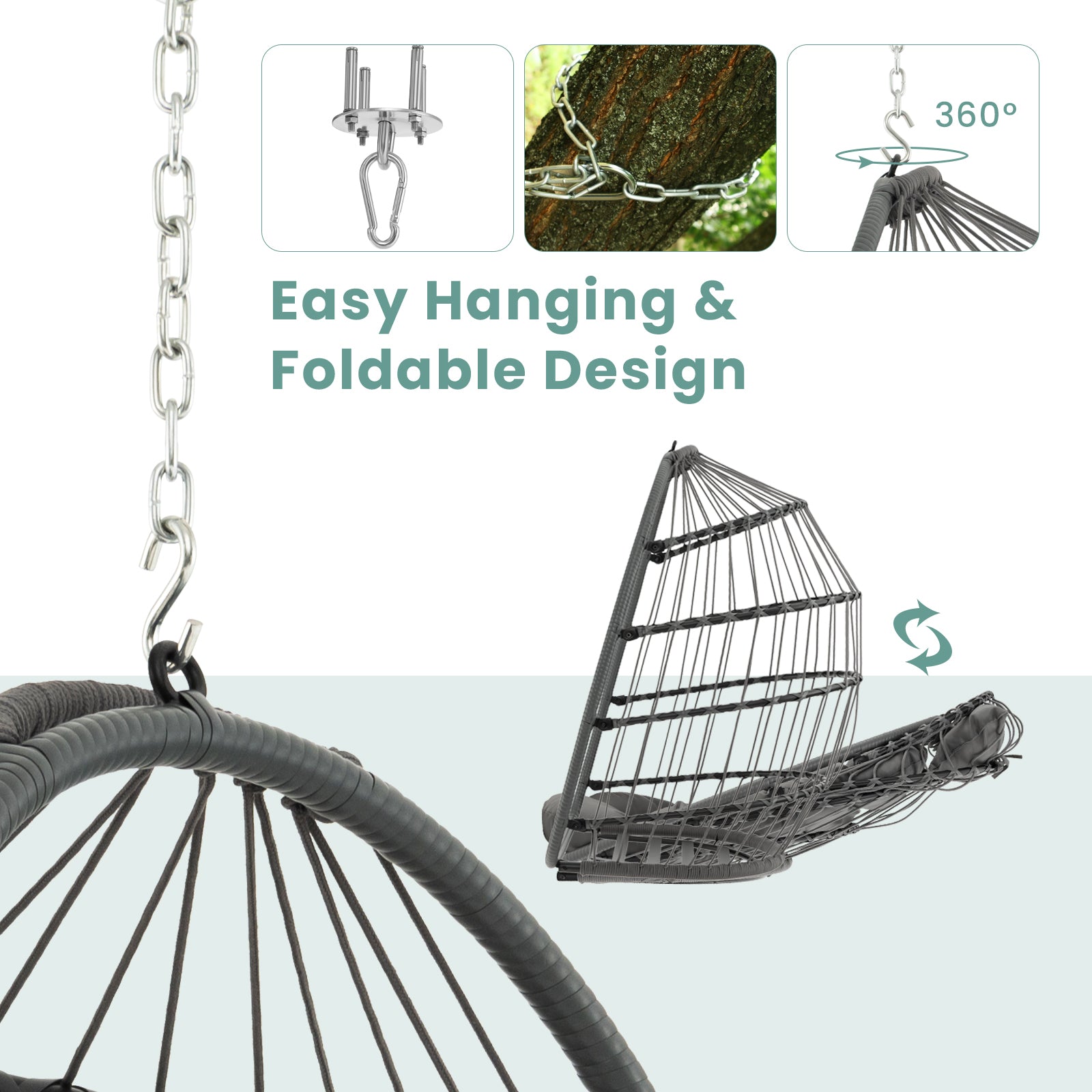 Hanging Egg Chair with Head Pillow and Large Seat Cushion, Gray Porch Swings at Gallery Canada