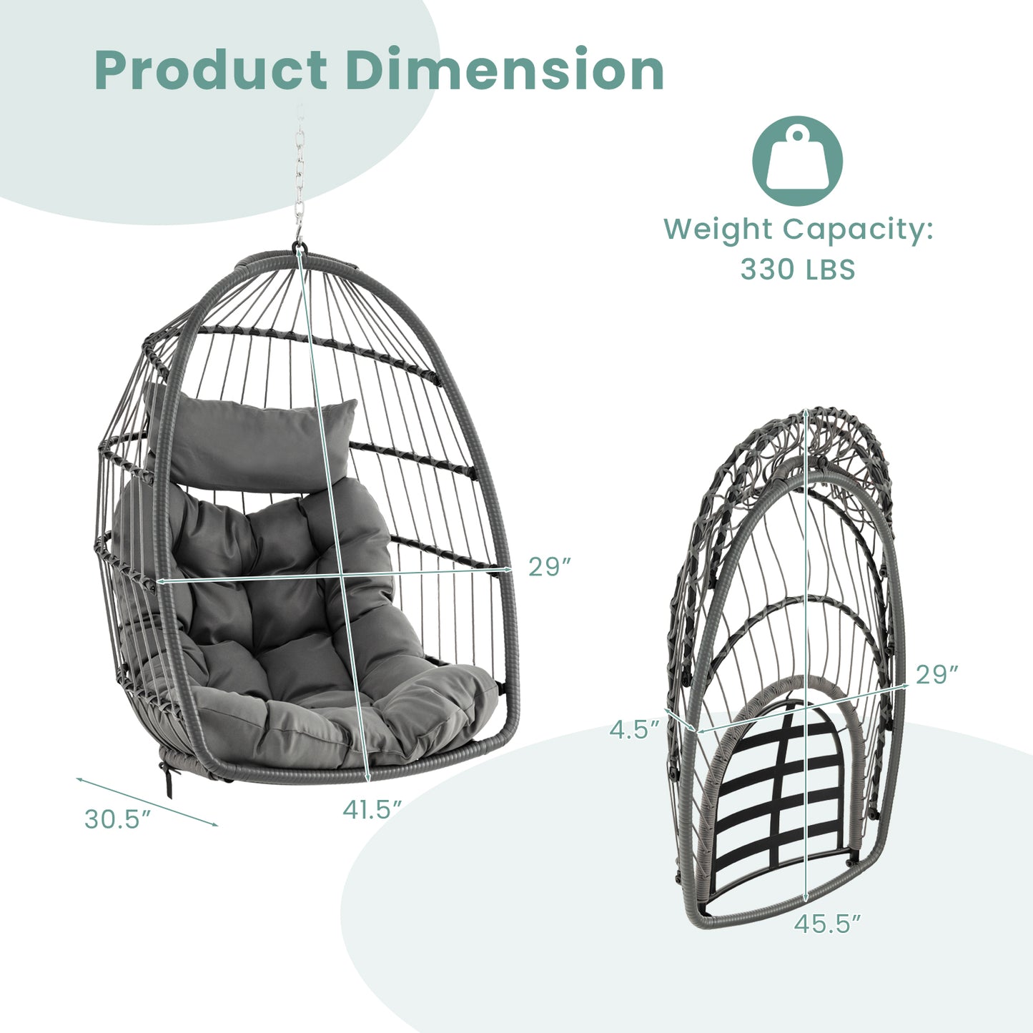 Hanging Egg Chair with Head Pillow and Large Seat Cushion, Gray Porch Swings at Gallery Canada