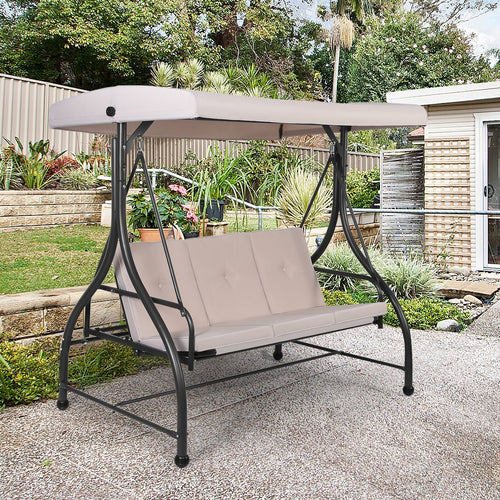 3 Seats Converting Outdoor Swing Canopy Hammock with Adjustable Tilt Canopy, Beige