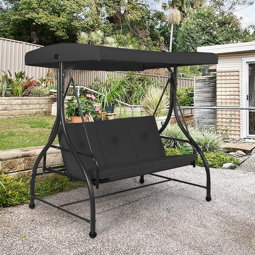 3 Seats Converting Outdoor Swing Canopy Hammock with Adjustable Tilt Canopy, Black