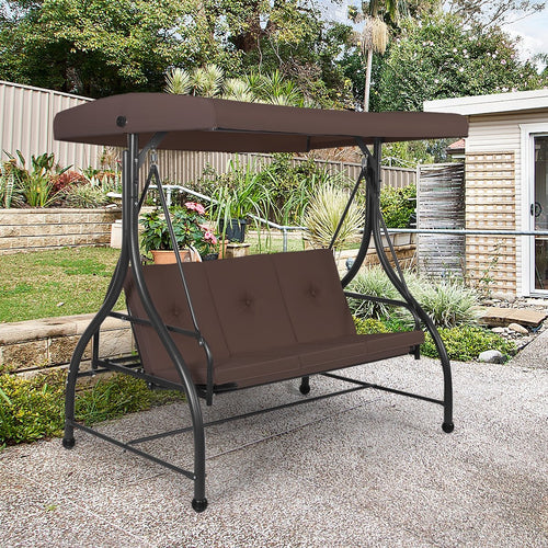 3 Seats Converting Outdoor Swing Canopy Hammock with Adjustable Tilt Canopy, Brown
