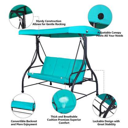 3 Seats Converting Outdoor Swing Canopy Hammock with Adjustable Tilt Canopy, Turquoise - Gallery Canada