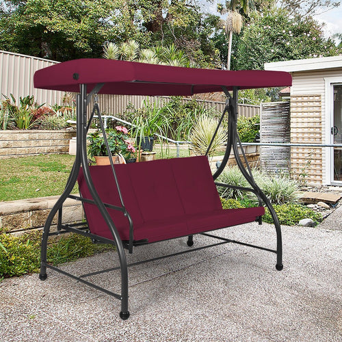 3 Seats Converting Outdoor Swing Canopy Hammock with Adjustable Tilt Canopy, Dark Red