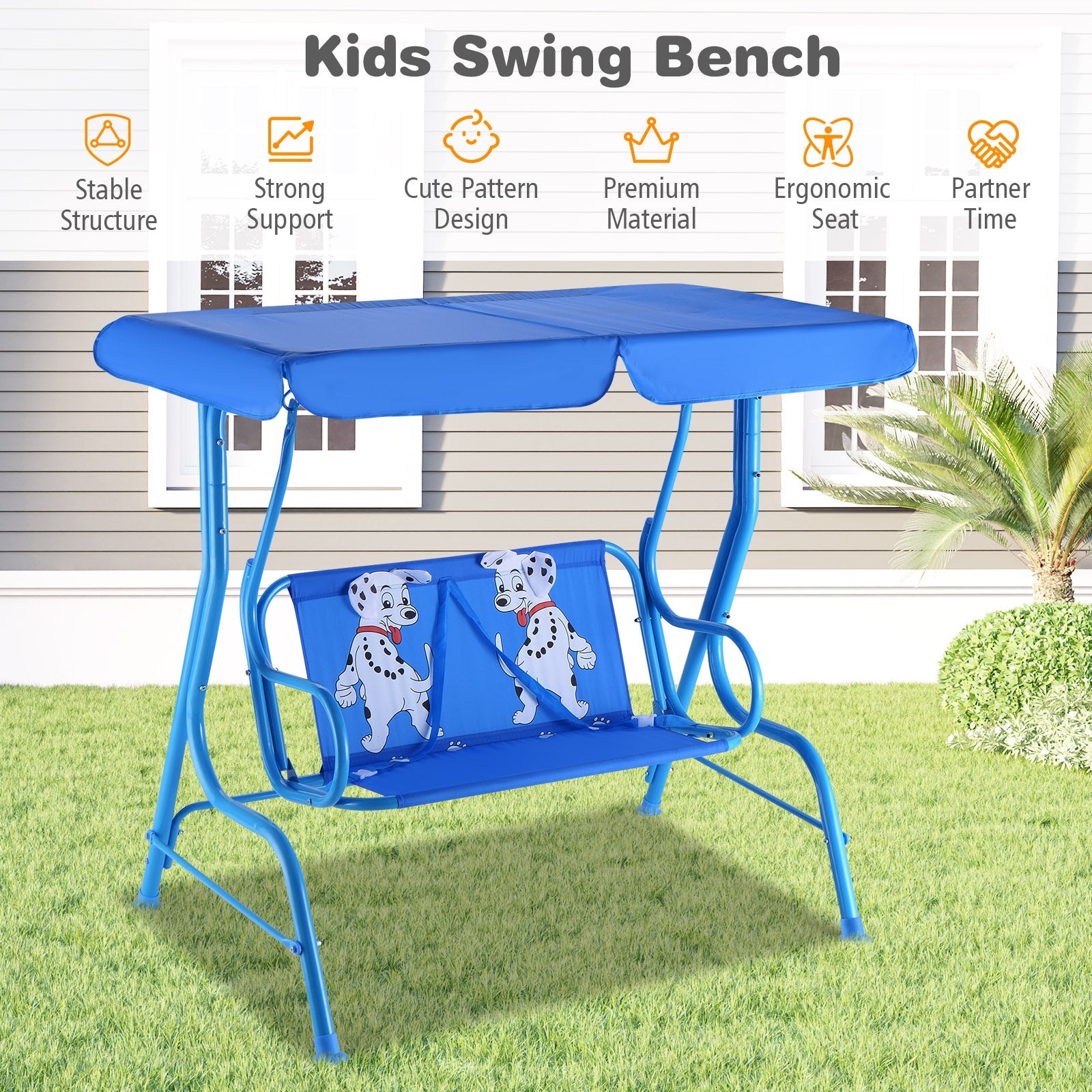 Outdoor Kids Patio Swing Bench with Canopy 2 Seats, Blue Porch Swings at Gallery Canada