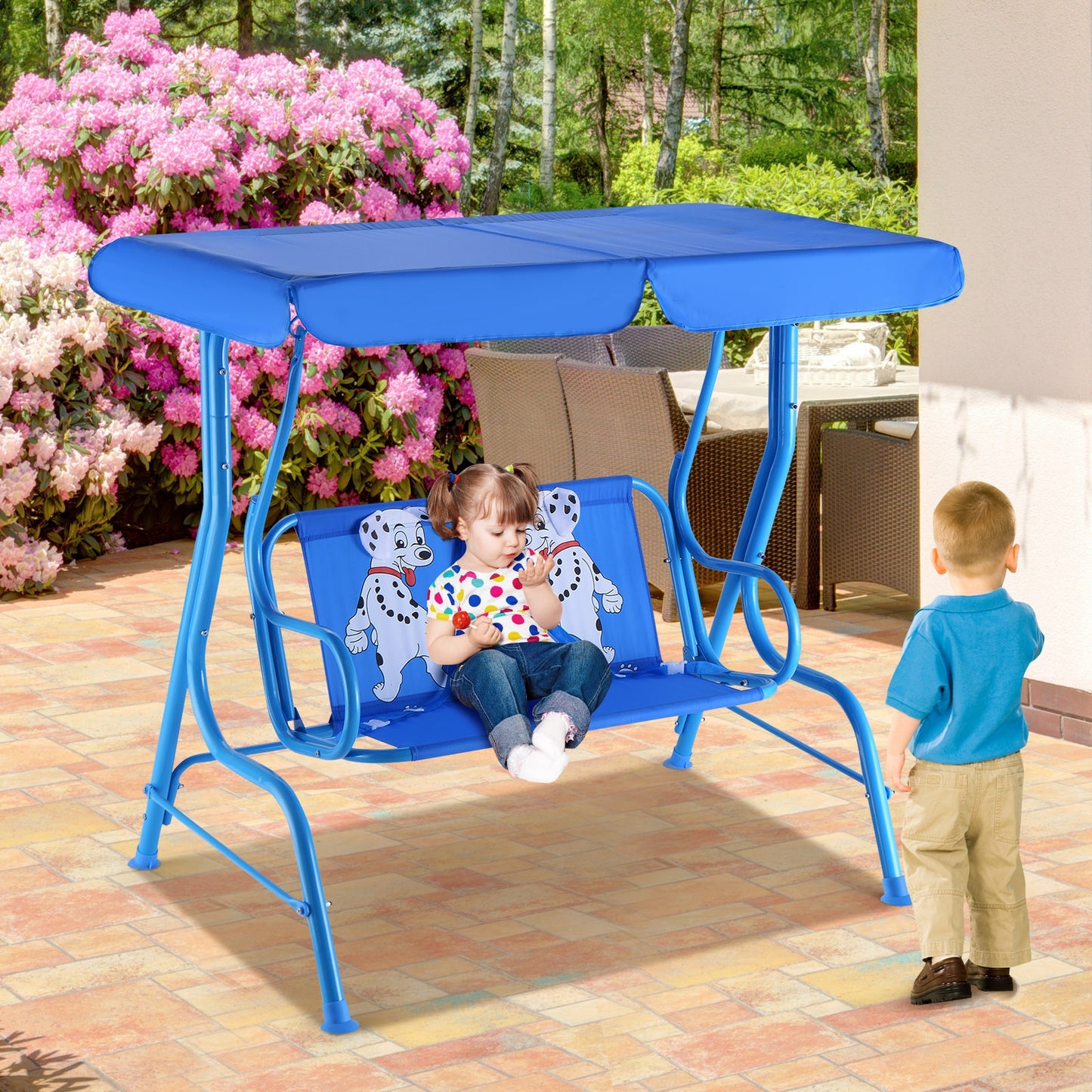 Outdoor Kids Patio Swing Bench with Canopy 2 Seats, Blue Porch Swings at Gallery Canada