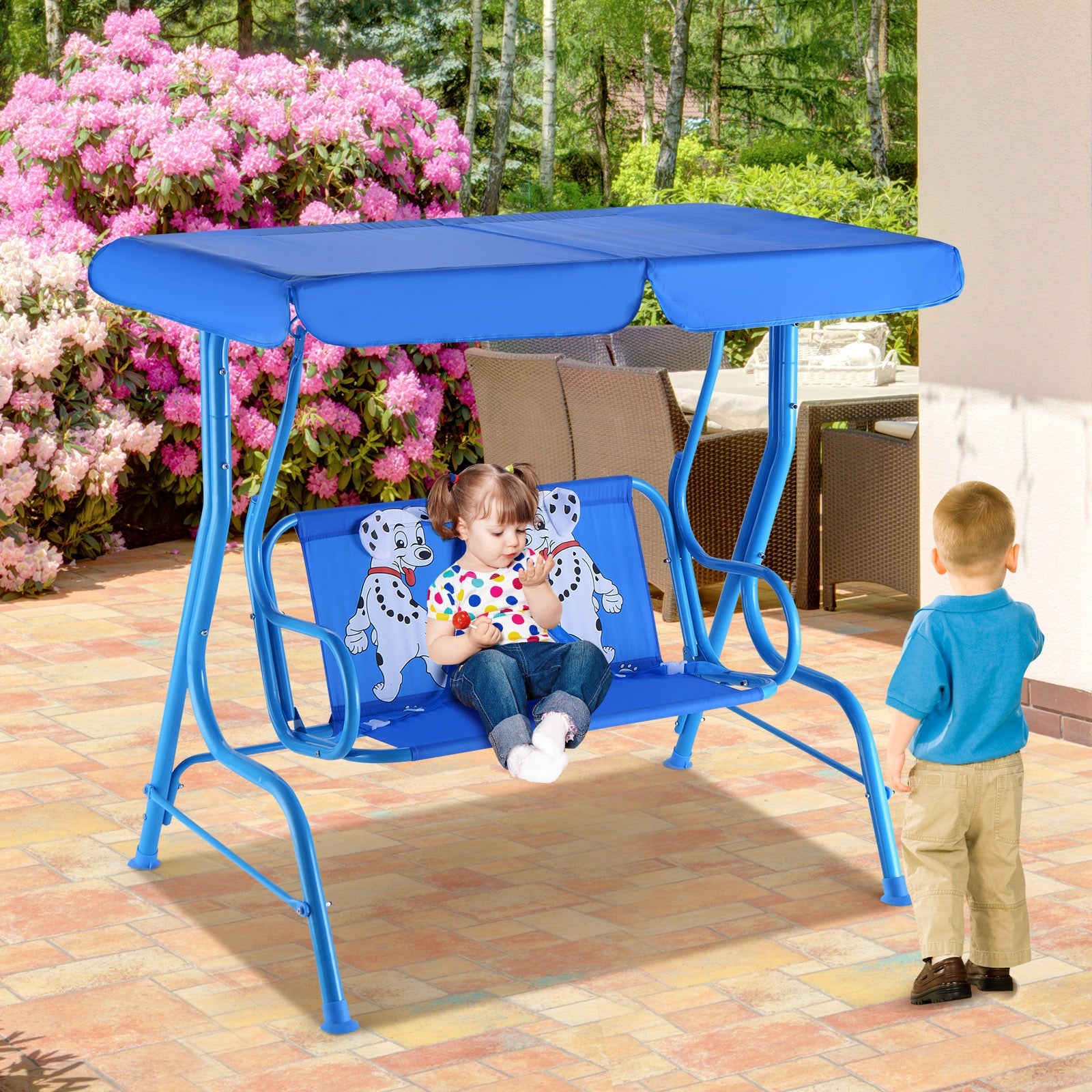 Outdoor Kids Patio Swing Bench with Canopy 2 Seats, Blue Porch Swings at Gallery Canada