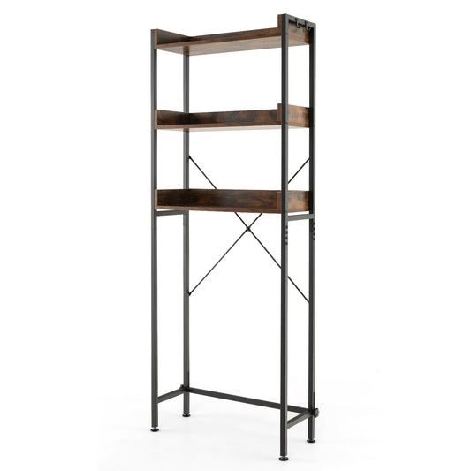 Over The Toilet Storage Rack With Hooks, Adjustable Bottom Bar, Brown