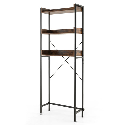 Over The Toilet Storage Rack With Hooks, Adjustable Bottom Bar, Brown