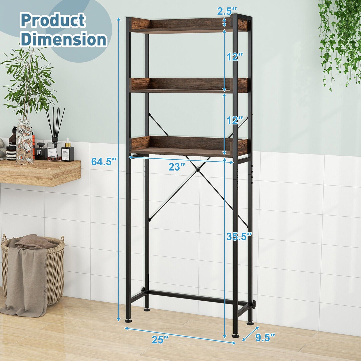 Over The Toilet Storage Rack with Hooks and Adjustable Bottom Bar, Rustic Brown