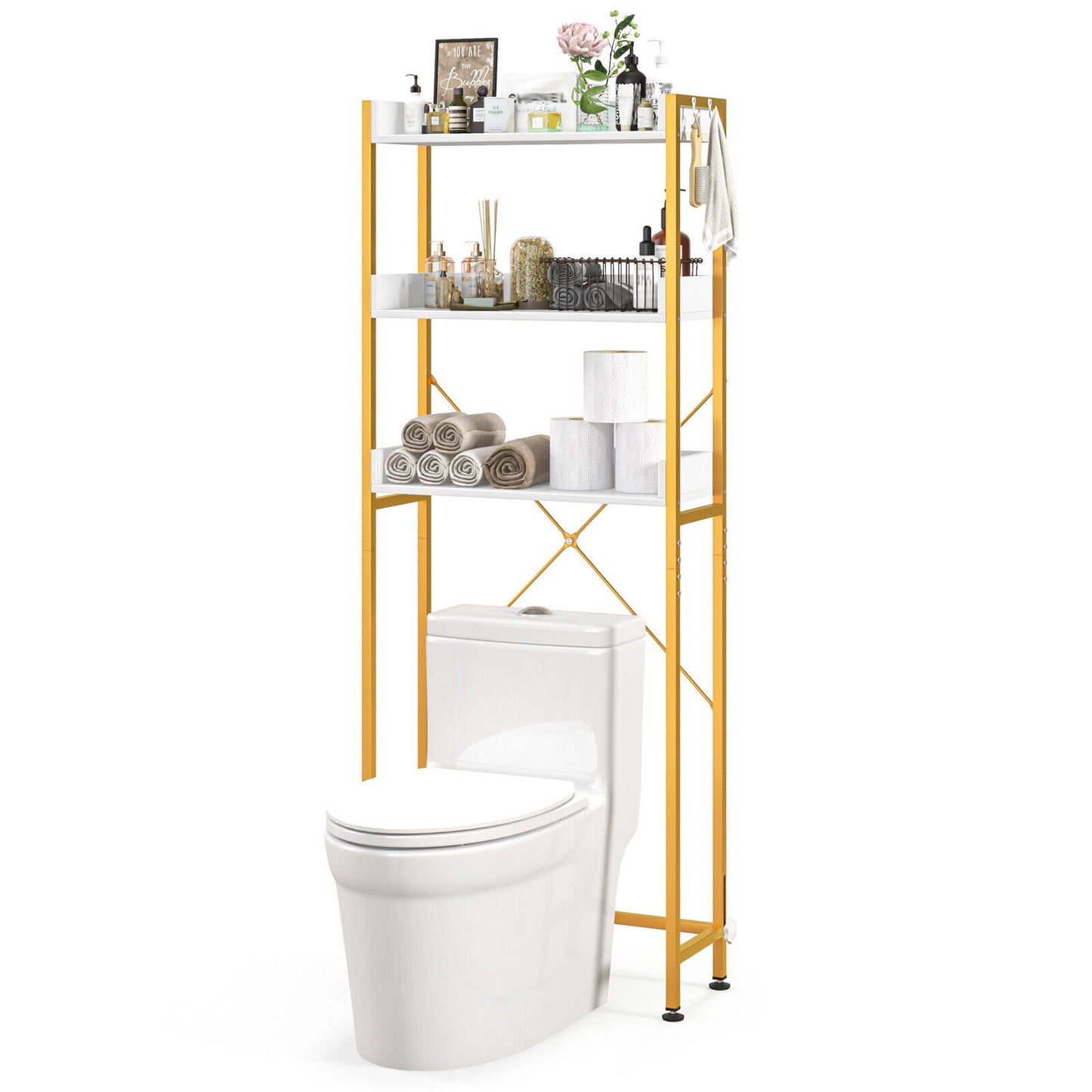 Over The Toilet Storage Rack with Hooks and Adjustable Bottom Bar, White Bathroom Etagere at Gallery Canada