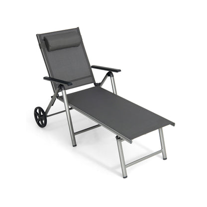 Adjustable Folding Chaise Lounge Chair With Wheels, Black Outdoor Chaise Lounges Black at Gallery Canada