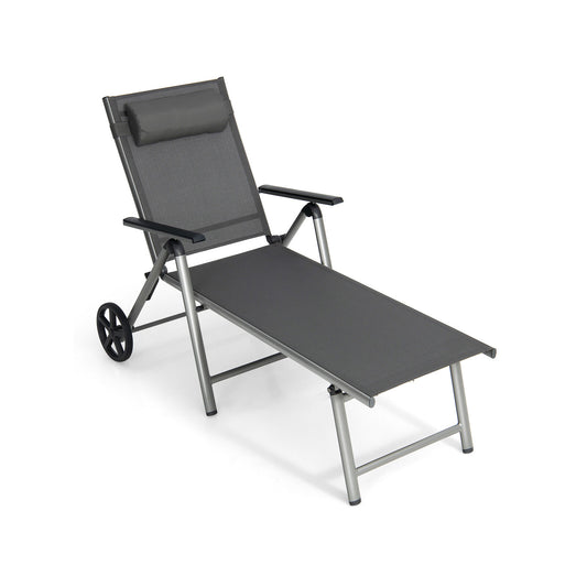 Adjustable Folding Chaise Lounge Chair With Wheels, Black Outdoor Chaise Lounges Black at Gallery Canada