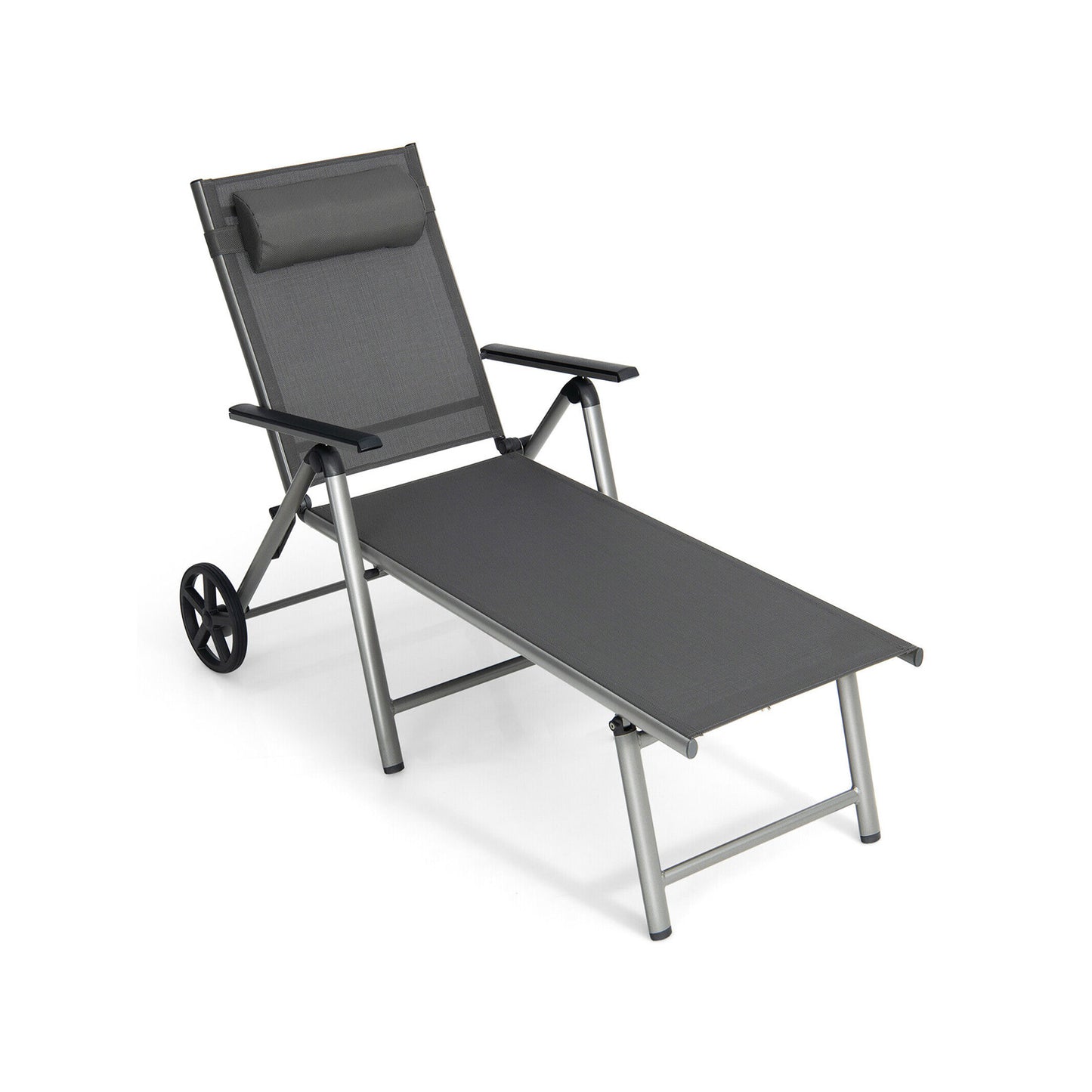 Adjustable Patio Folding Chaise Lounge Chair with Wheels, Black Outdoor Chaise Lounges at Gallery Canada