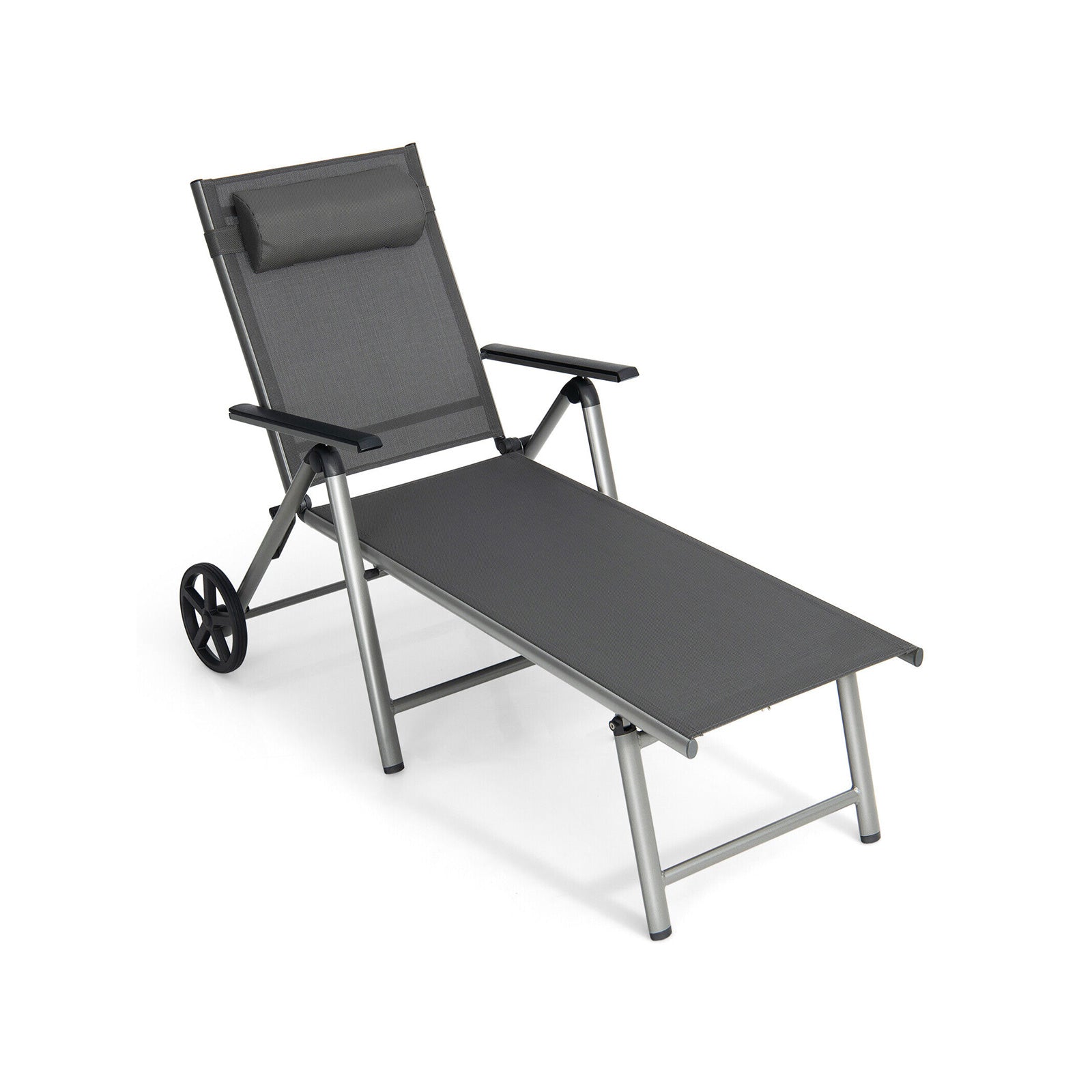 Adjustable Patio Folding Chaise Lounge Chair with Wheels, Black Outdoor Chaise Lounges at Gallery Canada