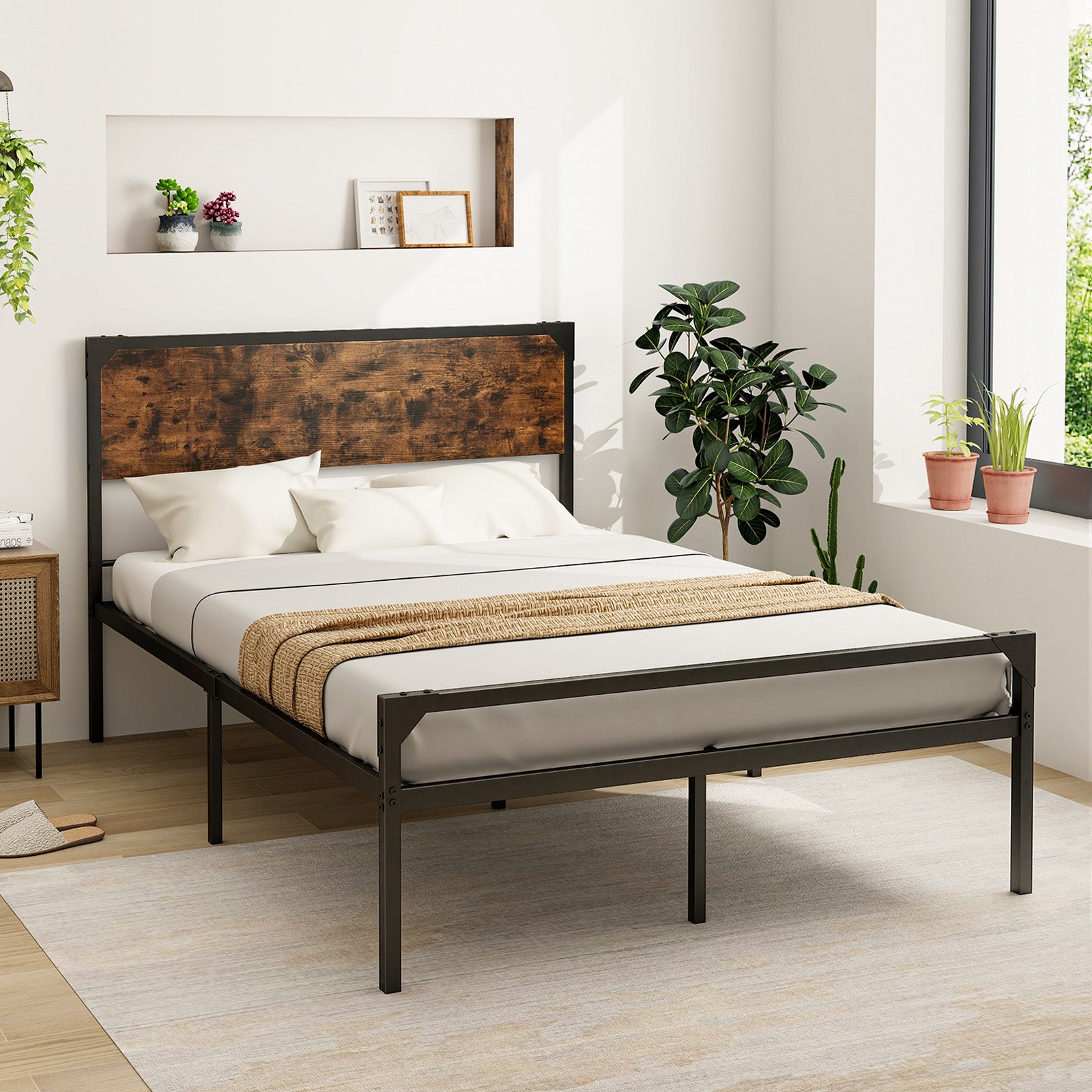 Platform Full/Queen Bed with Rustic Headboard and Footboard-Full Size, Black Simple Bed Frame at Gallery Canada