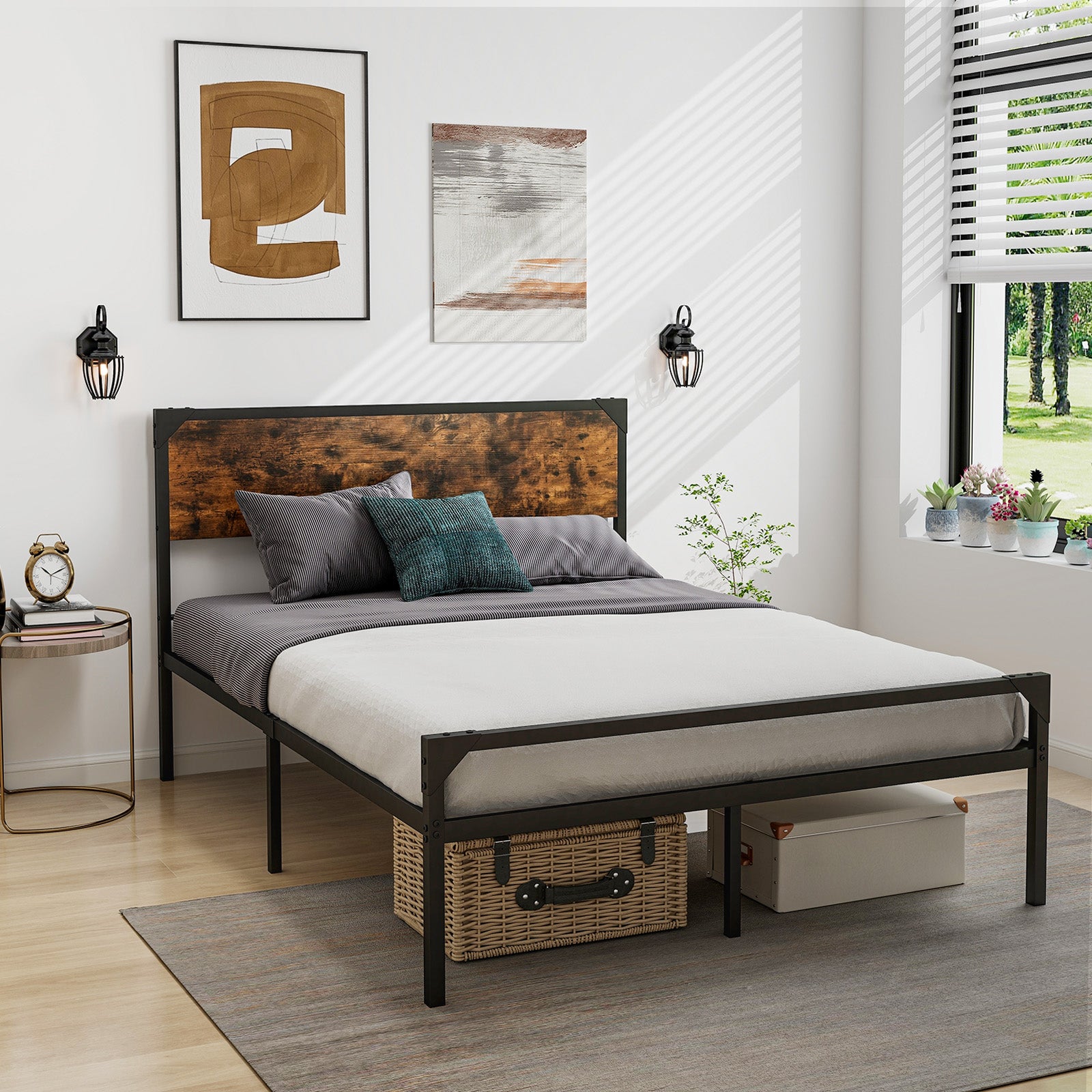 Platform Full/Queen Bed with Rustic Headboard and Footboard-Full Size, Black Simple Bed Frame at Gallery Canada