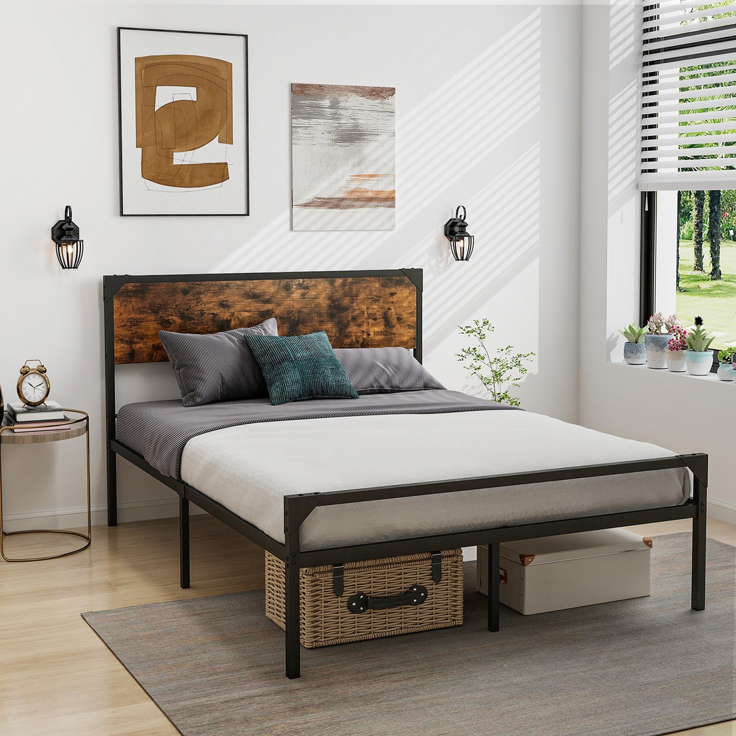 Platform Full/Queen Bed with Rustic Headboard and Footboard-Full Size, Black Simple Bed Frame at Gallery Canada