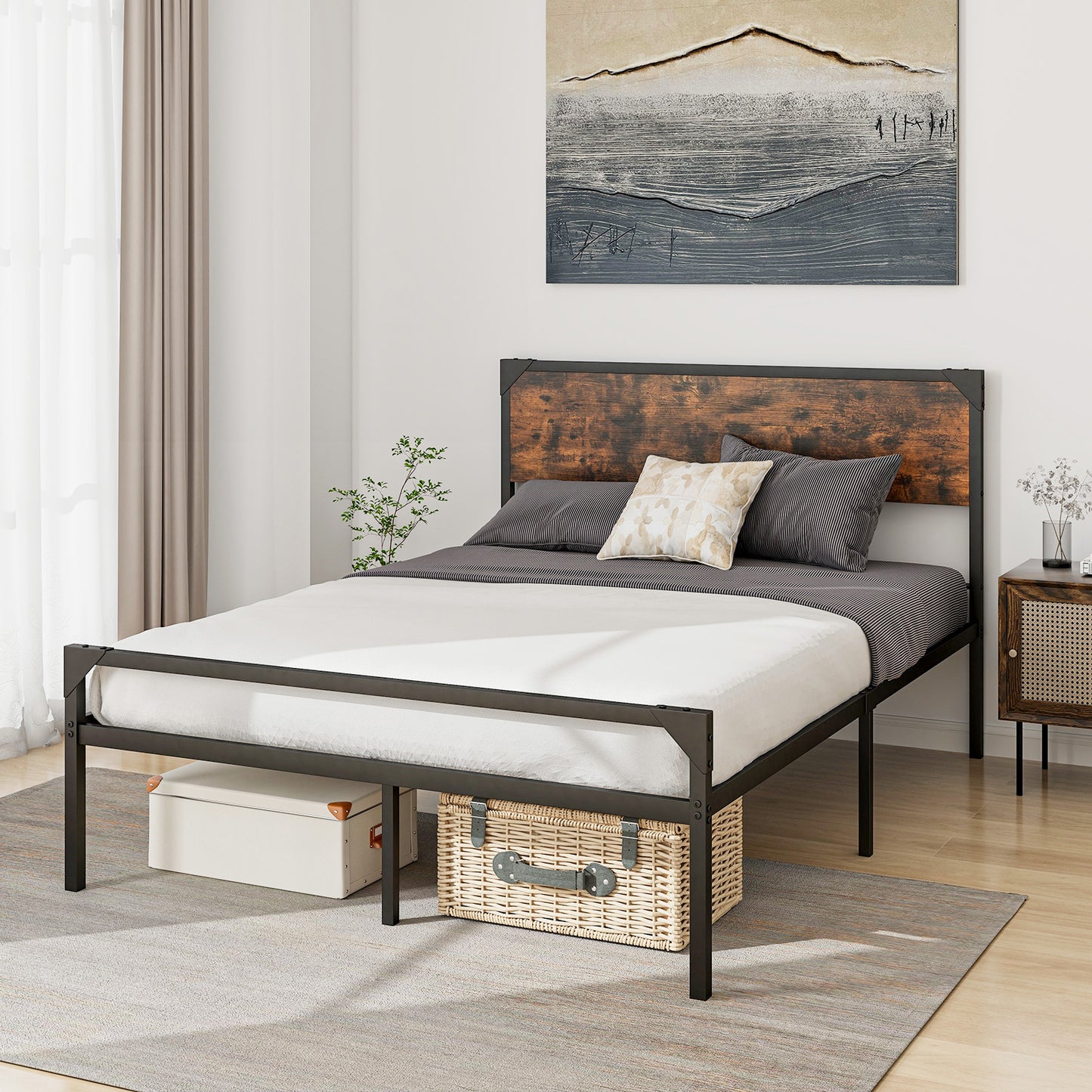 Platform Full/Queen Bed with Rustic Headboard and Footboard-Full Size, Black Simple Bed Frame at Gallery Canada