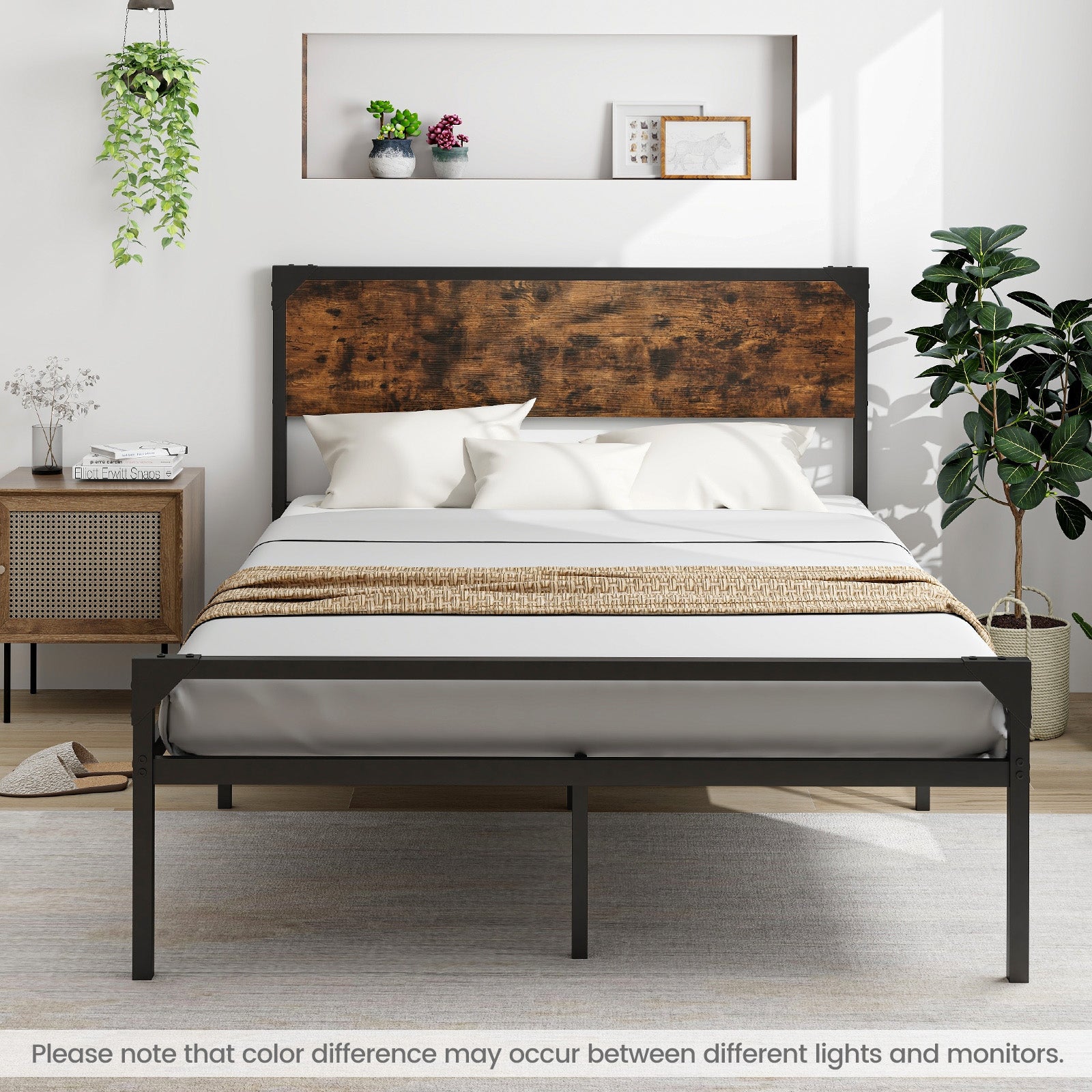 Platform Full/Queen Bed with Rustic Headboard and Footboard-Full Size, Black Simple Bed Frame at Gallery Canada