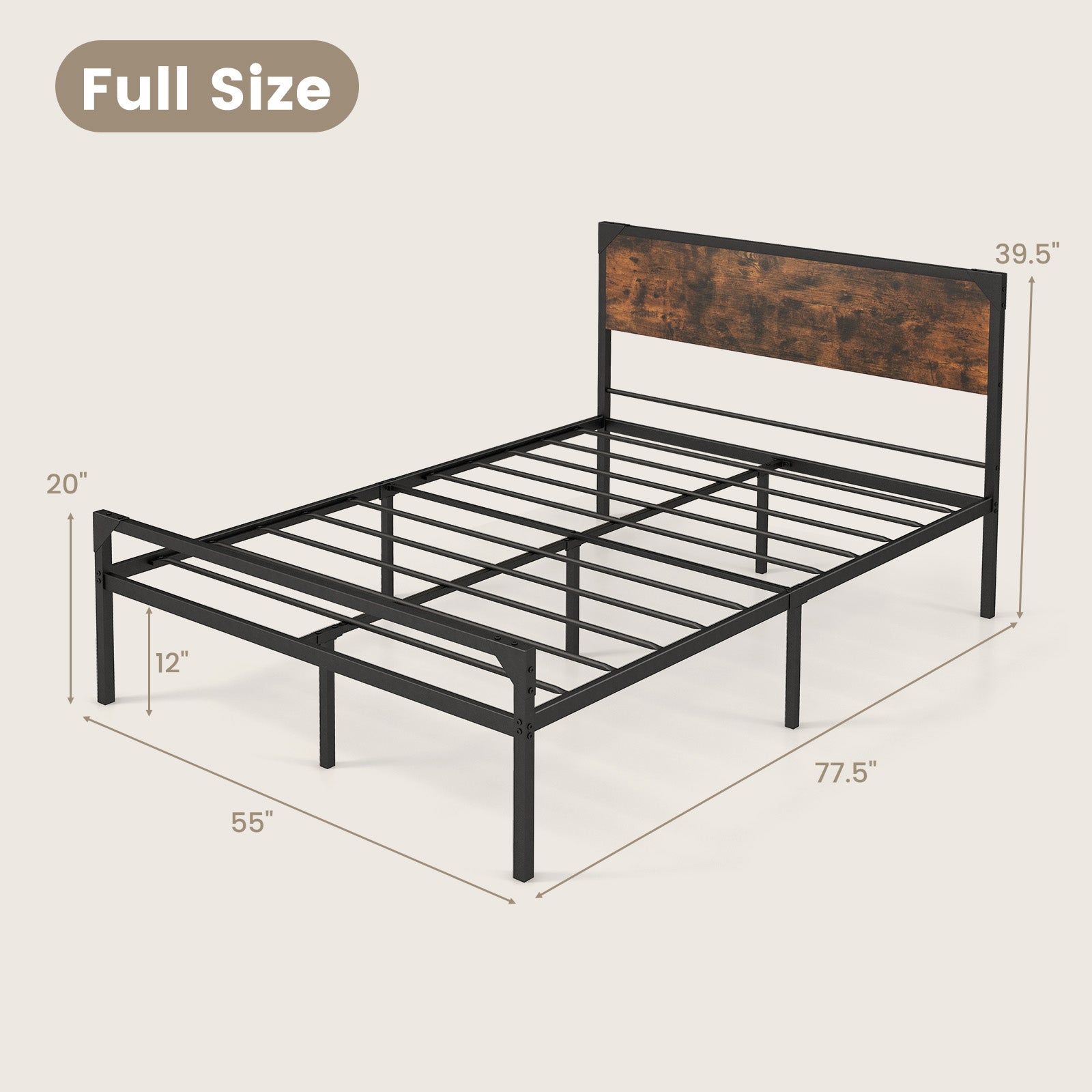 Platform Full/Queen Bed with Rustic Headboard and Footboard-Full Size, Black Simple Bed Frame at Gallery Canada