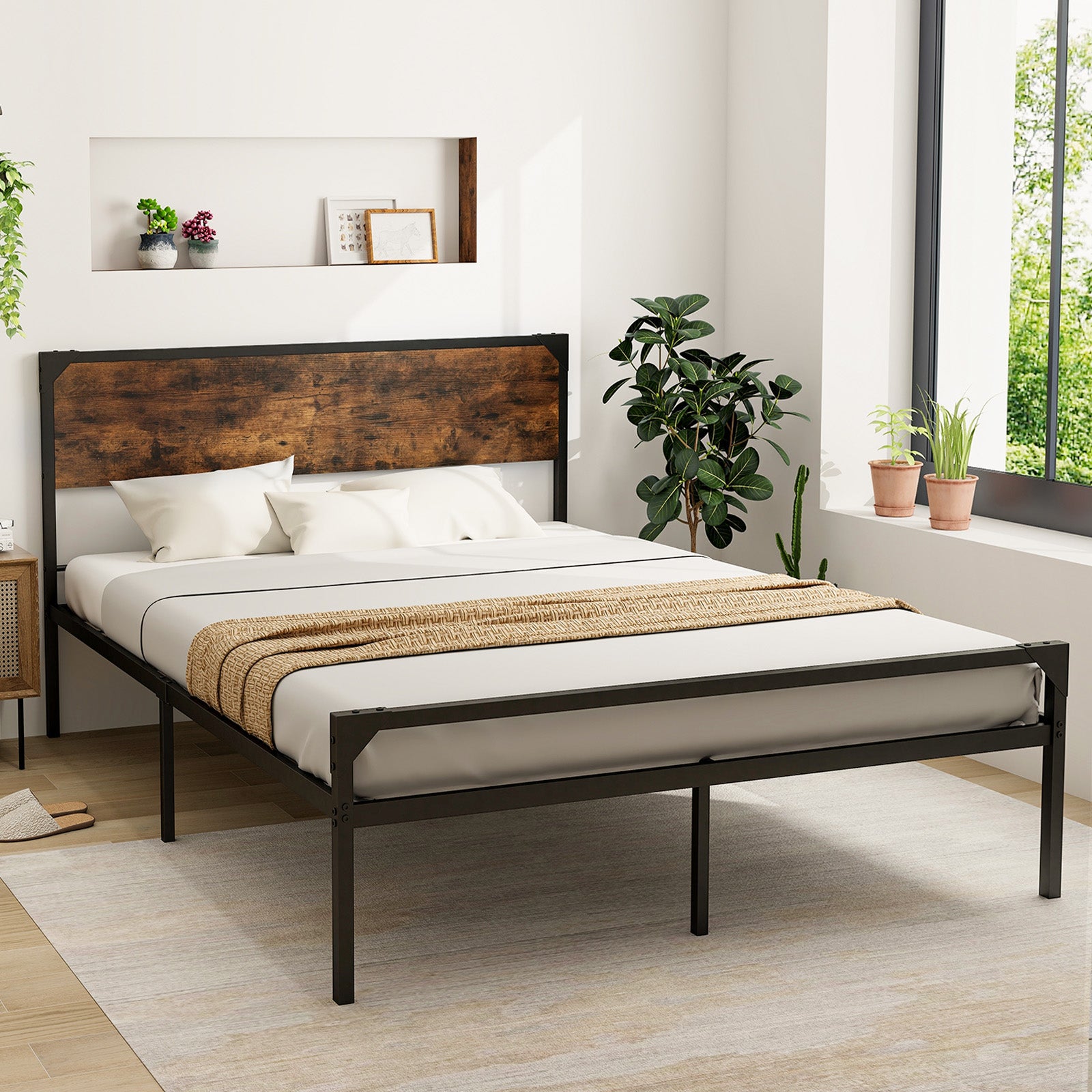 Platform Full/Queen Bed with Rustic Headboard and Footboard-Queen Size, Black Simple Bed Frame at Gallery Canada
