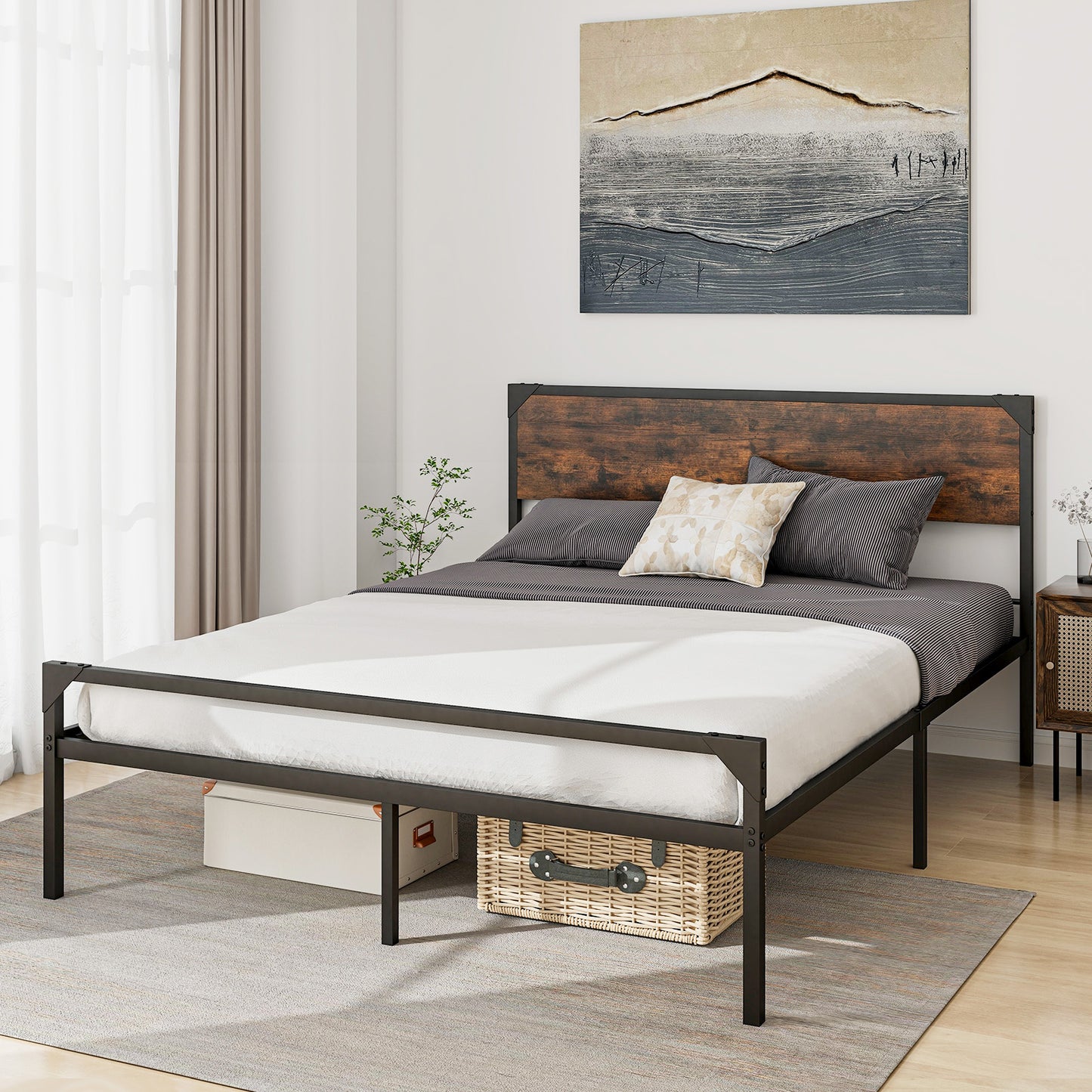 Platform Full/Queen Bed with Rustic Headboard and Footboard-Queen Size, Black Simple Bed Frame at Gallery Canada