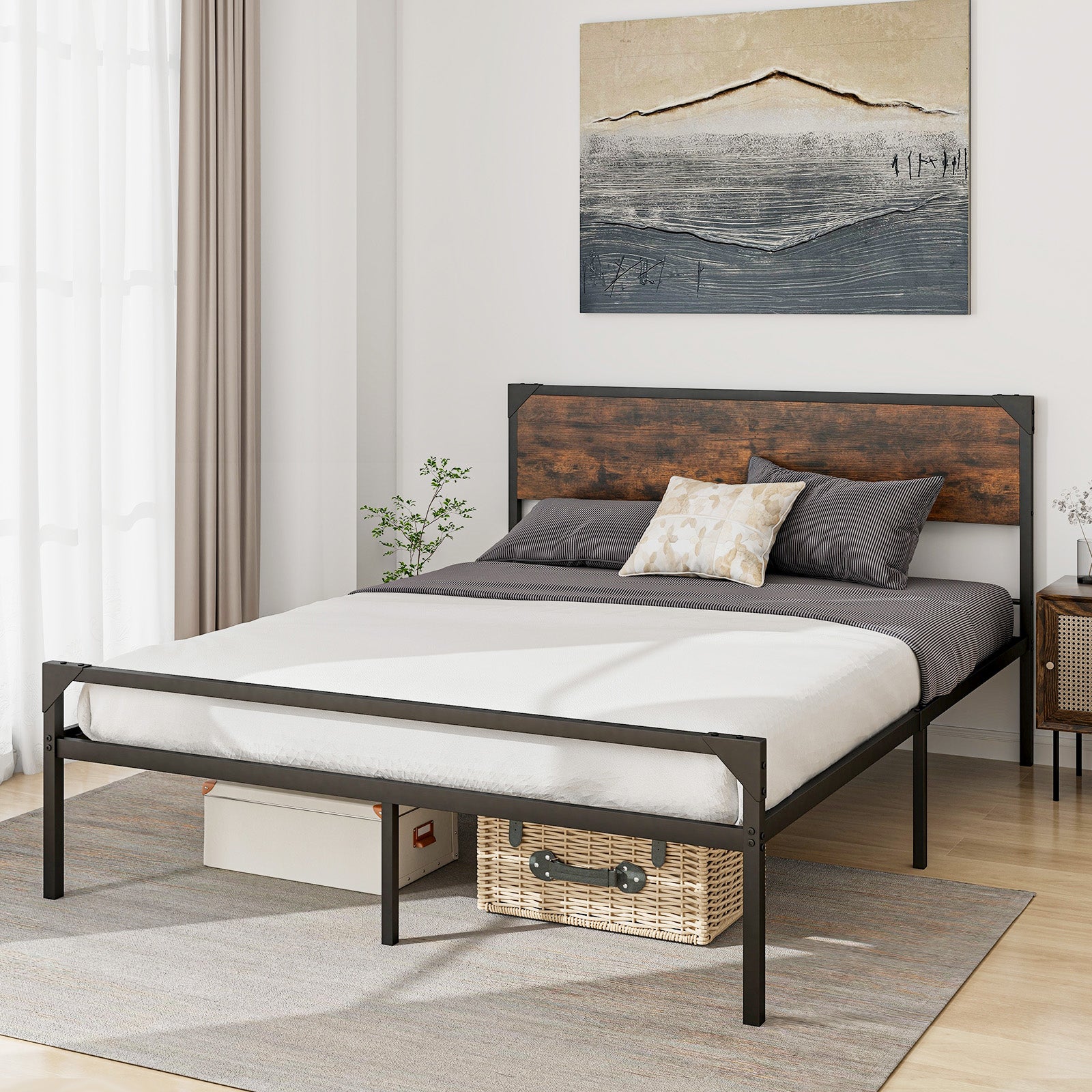 Platform Full/Queen Bed with Rustic Headboard and Footboard-Queen Size, Black Simple Bed Frame at Gallery Canada