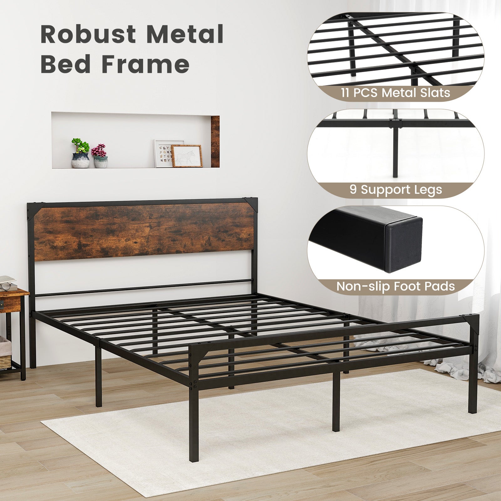Queen Platform Bed, Rustic Headboard Footboard, Black Simple Bed Frame at Gallery Canada