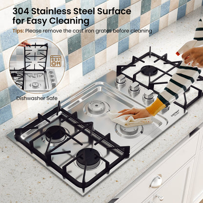 30/36 Inch Gas Cooktop with 4/6 Powerful Burners and ABS Knobs-30 inches, Silver