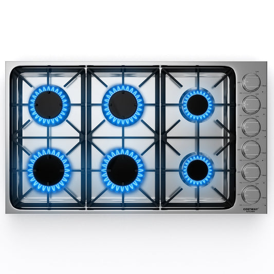 30/36 Inch Gas Cooktop with 4/6 Powerful Burners and ABS Knobs-36 inches, Silver - Gallery Canada
