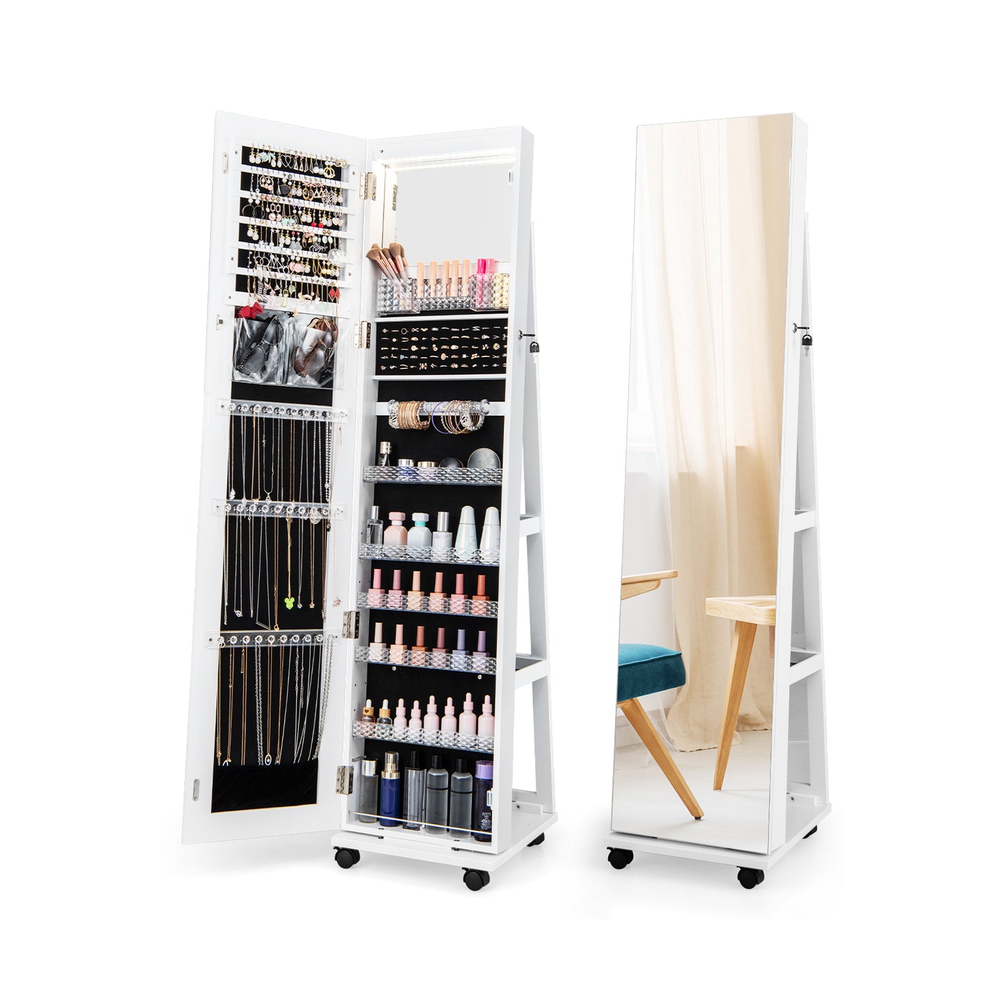 64 Inches Lockable Jewelry Cabinet Armoire with Built-in Makeup Mirror, White Jewelry Armoires at Gallery Canada