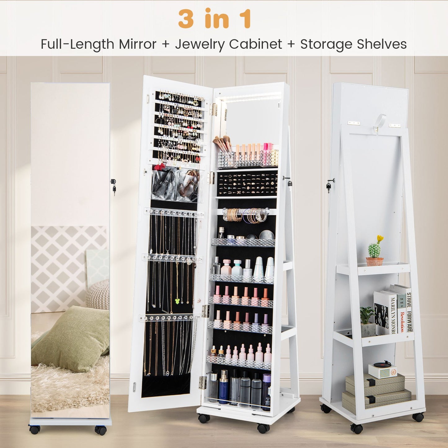 64 Inches Lockable Jewelry Cabinet Armoire with Built-in Makeup Mirror, White