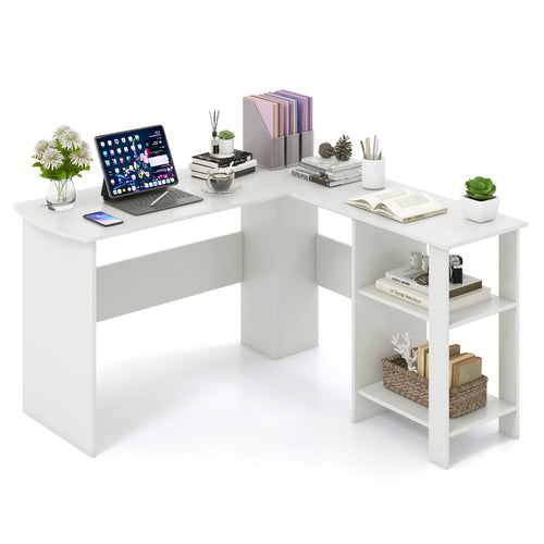Large L-Shaped Computer Desk, With Cable Holes And Storage Shelves, White
