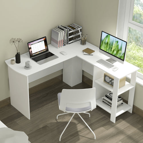 Large L-Shaped Computer Desk, With Cable Holes And Storage Shelves, White